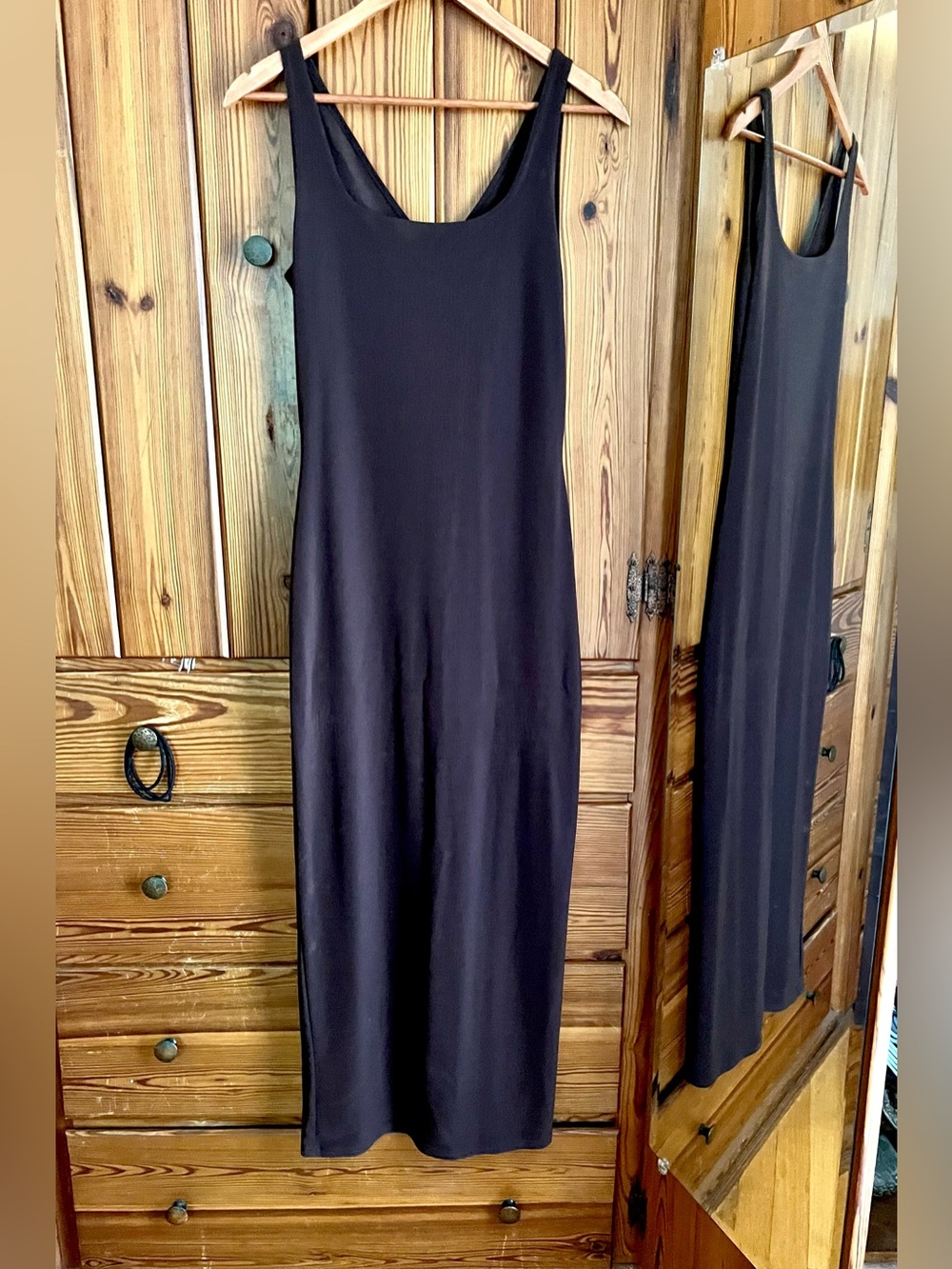Sleeveless Brown Tank Maxi Dress, silhouette,back slit, classic 90’s Y2K M